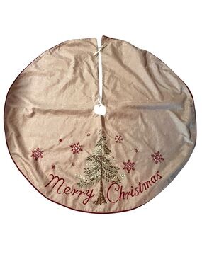 Merry Christmas Embroidered Tree Skirt - Beige with Red Accents
like new